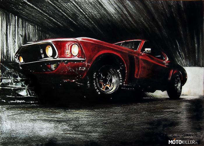 Czerwono krwisty – Ford Mustang z 1969 roku V8. To co kocham, moja pasja - przelewam ją na papier. Rysunek wykonałam na formacie A4 i włożyłam w to sporo przeróżnych materiałów i serce. 
