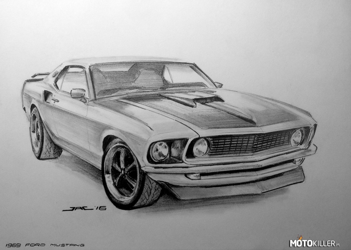 1969 Ford Mustang – Rysunek jest odpowiedzią na fejsbukowe wyzwanie wśród rysunkowiczów, które jakiś czas temu podjąłem. Chodziło w nim o to, aby wykonać rysunek tylko jednym ołówkiem, mając na to dokładnie jedną godzinę. To co udało mi się naskrobać widzicie powyżej. Mam nadzieję, że się Wam spodoba. 