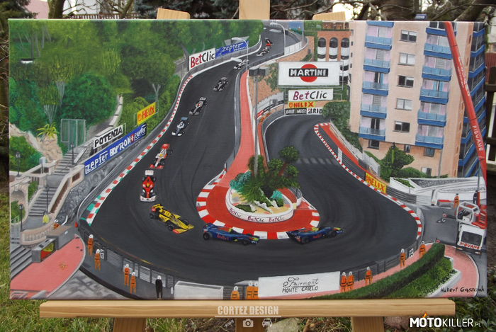Obraz Grand Prix Monako – Mój ostatni obraz w tym roku, który na dobrą sprawę zacząłem ponad pół roku temu. Przedstawia Formułę 1 i Grand Prix Monako. Namalowany farbami olejnymi na płótnie 30x65cm. 